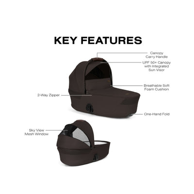 Cybex Gazelle S Cot in chocolate brown, featuring a foldable design, canopy, two-way zipper, and breathable foam cushion.