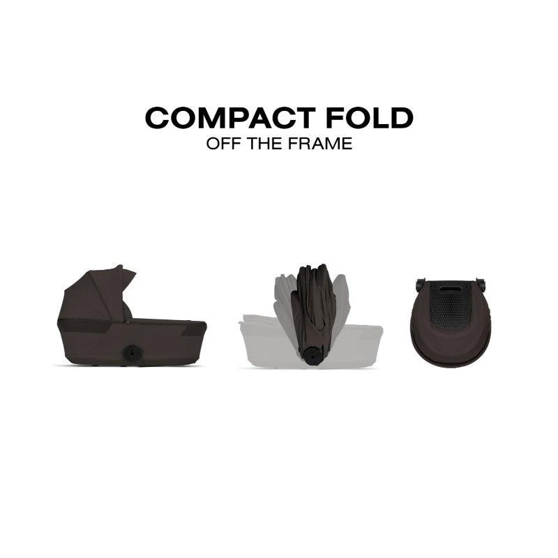 Cybex Gazelle S Cot in chocolate brown, showcasing three views: expanded, partially folded, and fully compact.
