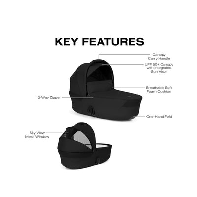 Cybex Gazelle S Cot in Moon Black features a soft foam cushion, UPF 50+ canopy, 2-way zipper, and a one-hand fold mechanism.
