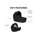 Cybex Gazelle S Cot in Moon Black features a soft foam cushion, UPF 50+ canopy, 2-way zipper, and a one-hand fold mechanism.