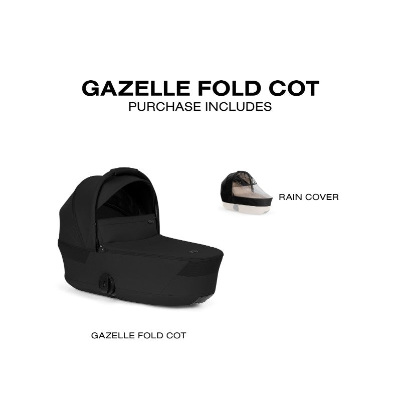 Cybex Gazelle S Cot in Moon Black with a rain cover, showcasing foldable design and spacious interior.