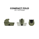 Cybex Gazelle S Cot in Moss Green shown in three stages: unfolded, partly folded, and fully compact, emphasizing its foldability.