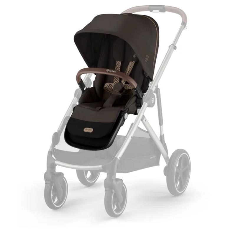 Cybex Gazelle S second seat in chocolate brown, featuring a taupe frame and a safety harness, designed to attach to a stroller.