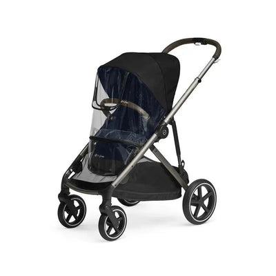 Cybex Gold Gazelle stroller with a rain cover, featuring a transparent front and a black canopy, showcasing its sleek design.