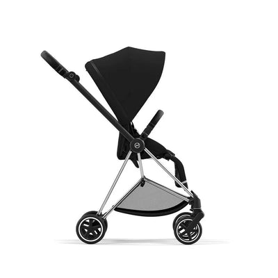 Cybex Mios 3 stroller in Chrome/Black with a Sepia Black seat pack, showcasing a sleek design and adjustable canopy.
