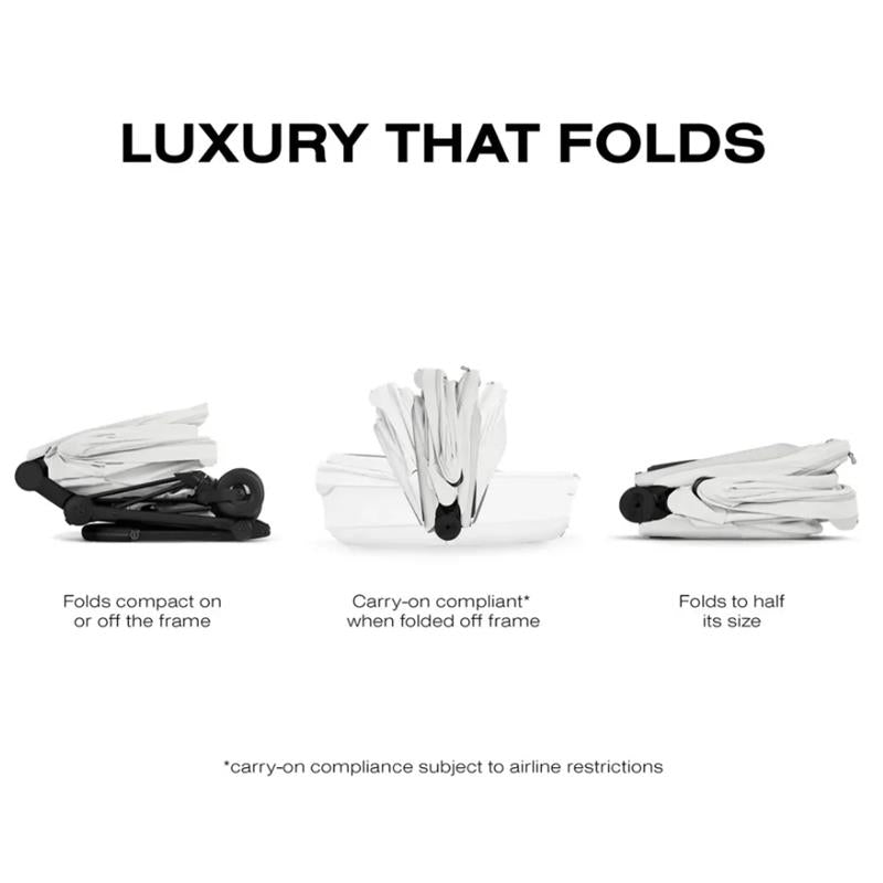 Cybex Mios/Coya Fold Lux Carry Cot displayed in three stages: compact, carry-on compliant, and folding to half its size.