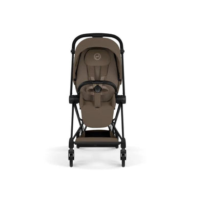 Cybex Mios stroller with a matte black frame and coconut brown lux seat, viewed from the front.