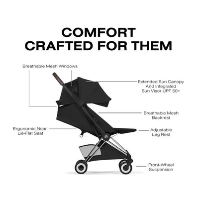Cybex Platinum Coya stroller features a chrome frame and sepia black lux seat with breathable mesh, an extended sun canopy, and adjustable leg rest.