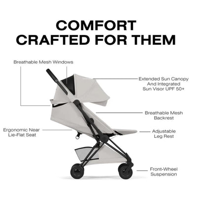 Cybex Platinum Coya stroller in matte black frame with a city grey lux seat, featuring breathable mesh, sun canopy, and adjustable leg rest.