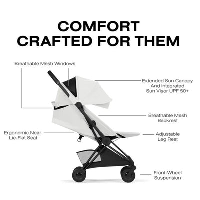 Cybex Platinum Coya Stroller in matte black and off-white, featuring a lie-flat seat, sun canopy, and mesh windows.