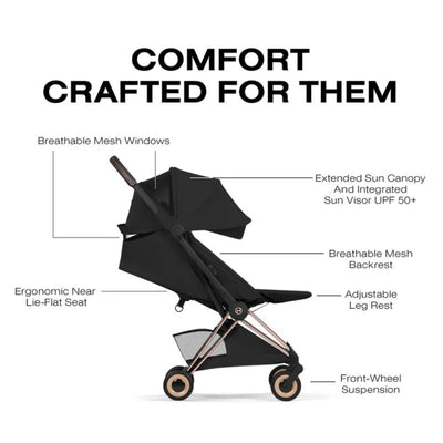 Cybex Platinum Coya Stroller in Rose Gold and Sepia Black, highlighting features like breathable mesh, adjustable leg rest, and sun canopy.