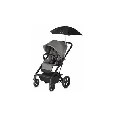 Cybex Platinum Stroller in black with adjustable parasol, featuring a reclined seat and safety harness.