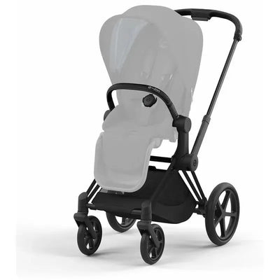Cybex Priam 4 stroller frame in matte black with a removable seat, showcasing sleek design and smooth wheels.