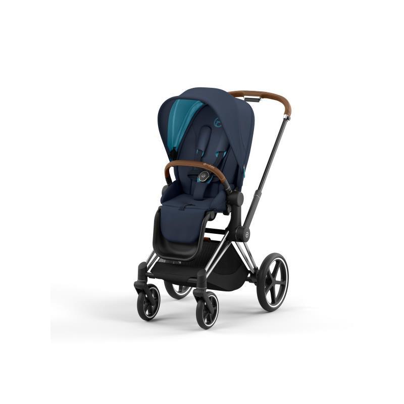 Cybex Priam 4 Stroller - Chrome/Brown Frame And Nautical Blue Seat Pack Image 1