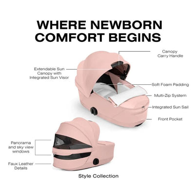 Cybex Priam Fold Carrycot in peach pink with extendable sun canopy, soft foam padding, front pocket, and panoramic windows.