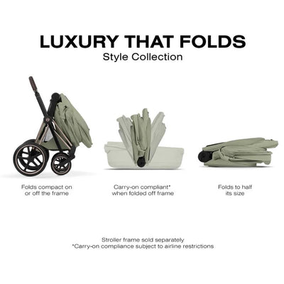 Cybex Priam Style Fold Cot 2026 in Sage Green, showcasing its compact folding features and compliance for carry-on travel.