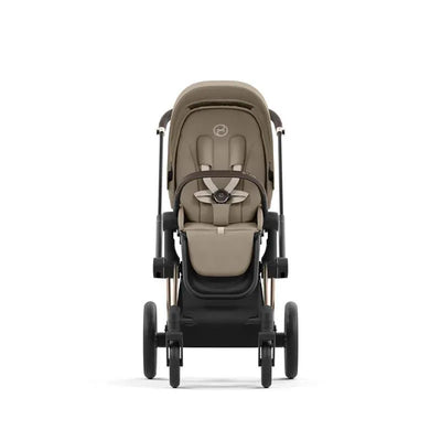 Cybex Priam4/Epriam2 Seat Pack in Cozy Beige, featuring a cushioned seat with a harness and a stylish frame.