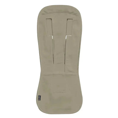 Beige Cybex summer seat liner designed for baby strollers, featuring a streamlined shape and shoulder strap openings.
