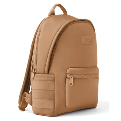 Large Dagne Dover Dakota Backpack in camel, featuring a smooth surface, front zip pocket, and logo patch.