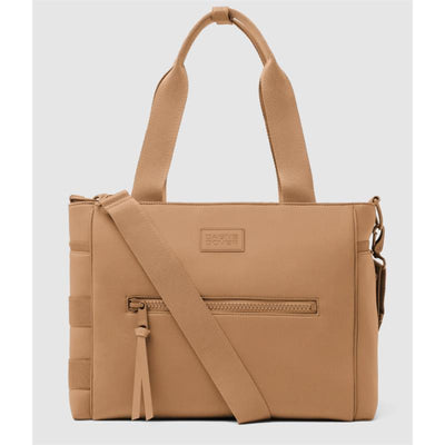 Camel-colored Dagne Dover Wade Diaper Tote featuring dual handles and a detachable strap, with a front zipper pocket.