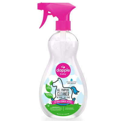 Fragrance-free Dapple All Purpose Cleaner spray bottle, 16.9 Oz, featuring a pink trigger and baby-friendly design.