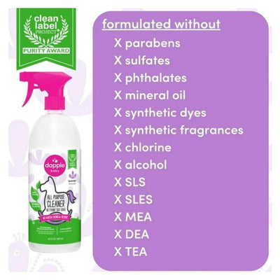 Dapple all-purpose cleaner spray, lavender scent, 30 oz bottle, listing ingredients it is formulated without.