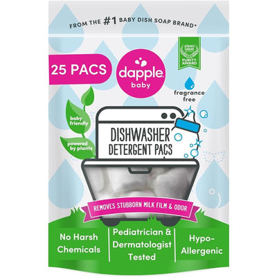 Dapple Baby Dishwasher Pacs, 25 count package, features plant-powered detergent for baby items, hypoallergenic, and fragrance-free.