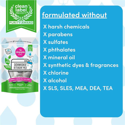 Dapple Baby Dishwasher Pacs package, featuring 25 units, promotes being free from harsh chemicals, parabens, and synthetic dyes.