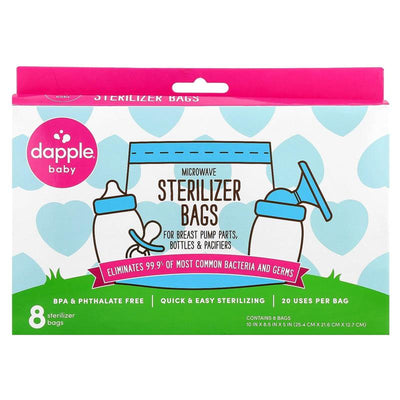 Dapple Baby microwave sterilizer bags, fragrance-free, 8 count package, eliminates 99.9% of bacteria and germs.