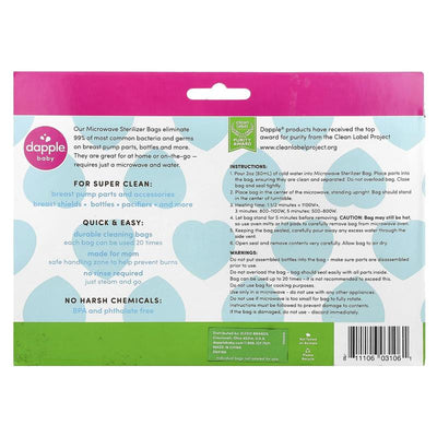 Dapple Baby Steam Sterilizer Bags, 8-count package, highlighting instructions and features like BPA-free and reusable design.