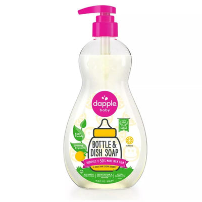 Dapple Baby Bottle & Dish Soap, 16.9 oz, in a white bottle with a pink pump, features citrus flavor and plant-based ingredients.