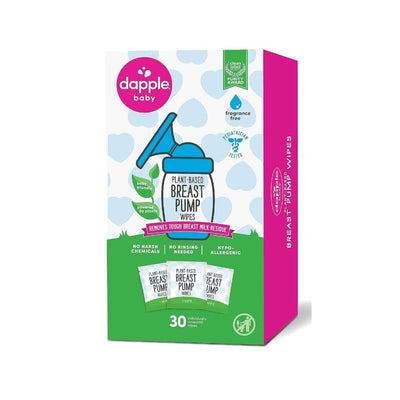 Dapple Plant-Based Breast Pump Wipes package, featuring a blue pump graphic, highlighting 30 individually wrapped wipes.