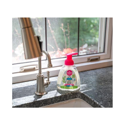 Dapple Foaming Dish Soap, 13 Oz, displayed on a granite counter near a faucet, with a bright pink pump and green label.