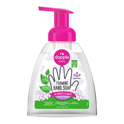 Dapple Foaming Hand Soap in Lavender, 13 Oz, featuring a pink pump, labeled as baby-friendly and made with lavender essential oil.