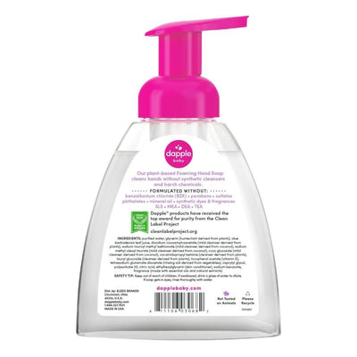 Dapple Foaming Hand Soap in Lavender, 13 oz, features a pink pump top and highlights plant-based ingredients and purity certification.