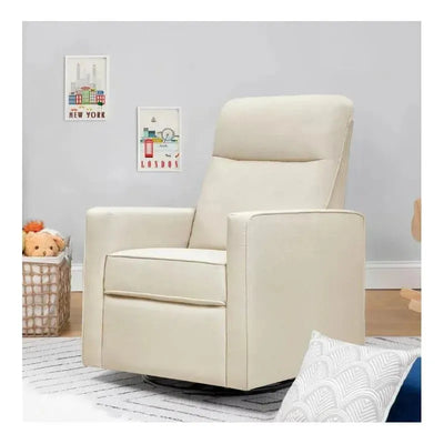 Gabby Pillowback Swivel Glider in natural oak, featuring a soft cream upholstery and a modern design, set in a child-friendly room.