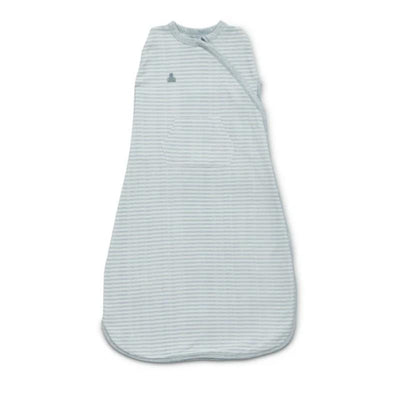 Delta babyGap TrueSleep Sleep Sack with built-in swaddle, small, in light blue stripes with a rounded bottom.