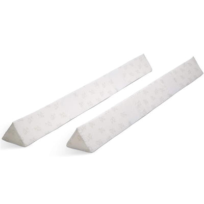 Extra-long white foam bedrail bumpers, designed for safety, featuring a triangular shape for secure positioning.