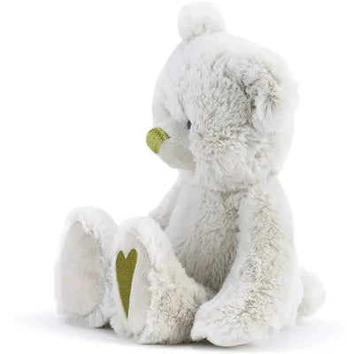 Plush bear with a soft white body, green nose, and heart-shaped detail on the foot, representing the August birthstone.