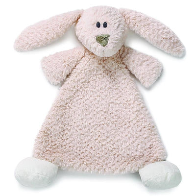 Pink bunny rattle blankie featuring soft fur, floppy ears, a stitched smile, and contrasting white paws.