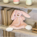 Soft pink bunny rattle blankie with floppy ears and a smiling face, sitting on a wooden shelf near books and decorative items.