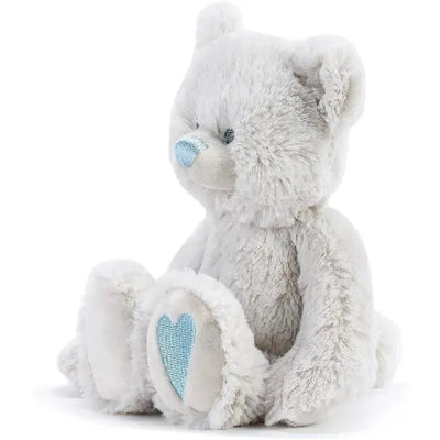 December Birthstone plush bear featuring a soft gray body, blue accents on the nose and paw hearts.