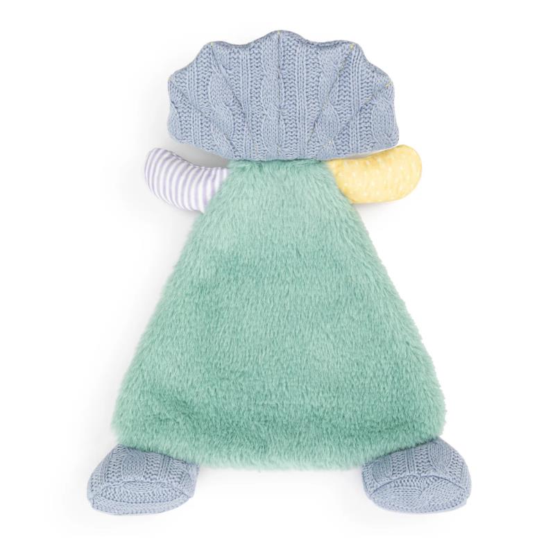 Soft, plush dinosaur-themed blankie in green with a knitted blue head, striped arms, and yellow textured details.