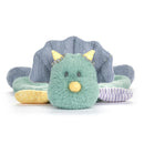 Soft green dinosaur blanket with a textured blue back and colorful, patterned limbs, designed for comforting infants.