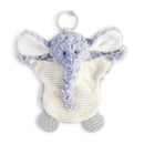 Purple elephant-shaped teether with plush fabric, crinkle texture, and silicone teething parts. Measures 7x10 inches.