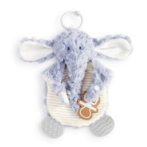 Soft blue elephant-shaped teether with textured silicone parts and a clip for attachment, designed for infants.