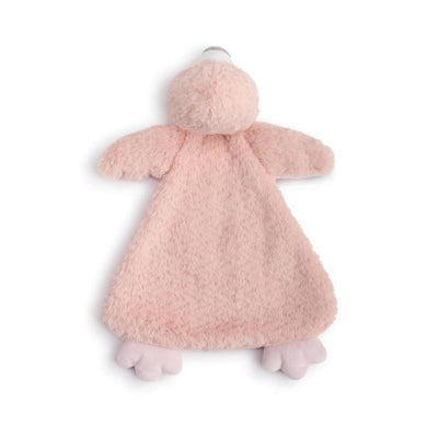 Soft pink flamingo rattle blankie with a plush body, rounded head, and small feet, designed for infants.