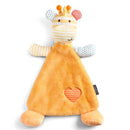 Soft giraffe-themed blankie with plush arms, orange fabric, and a heart-shaped cutout on the front.