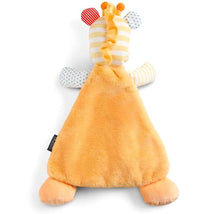 Demdaco Giraffe Cozie Blankie features a plush giraffe head with colorful striped ears and a soft orange triangular blanket body.