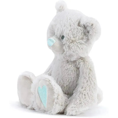 Plush bear in light gray with a blue nose and heart details on its paws, representing the March birthstone.